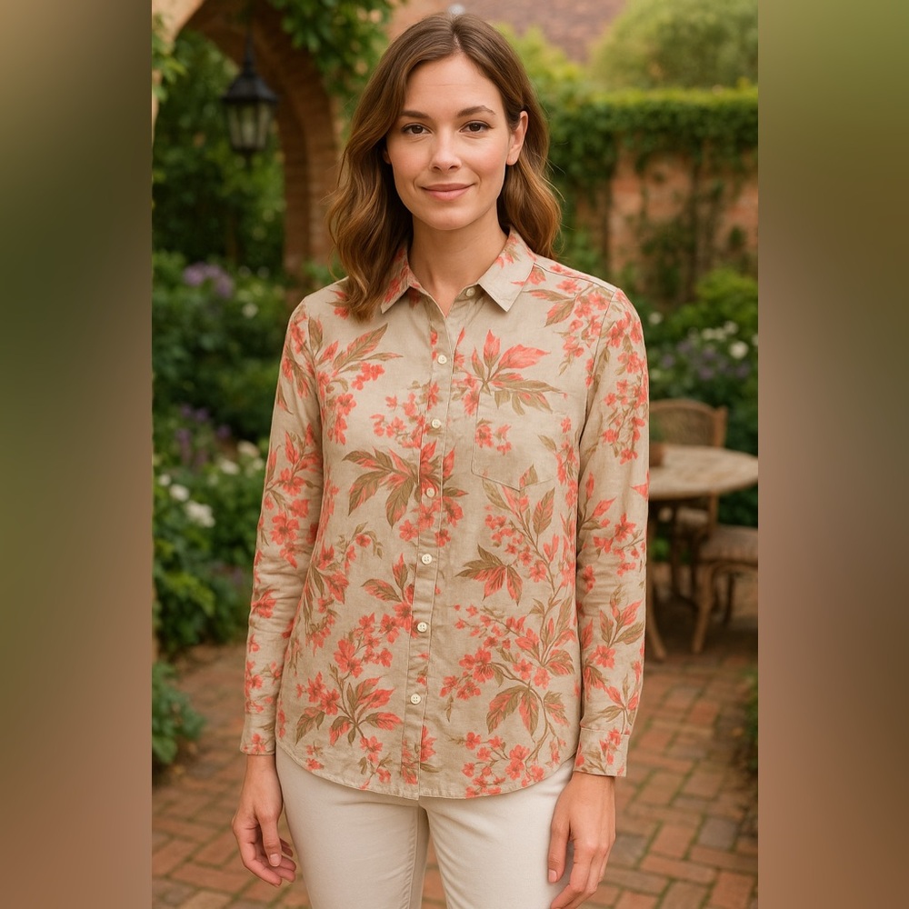 Jones New York Signature Linen Floral Button Down Shirt P/M Beige Coral